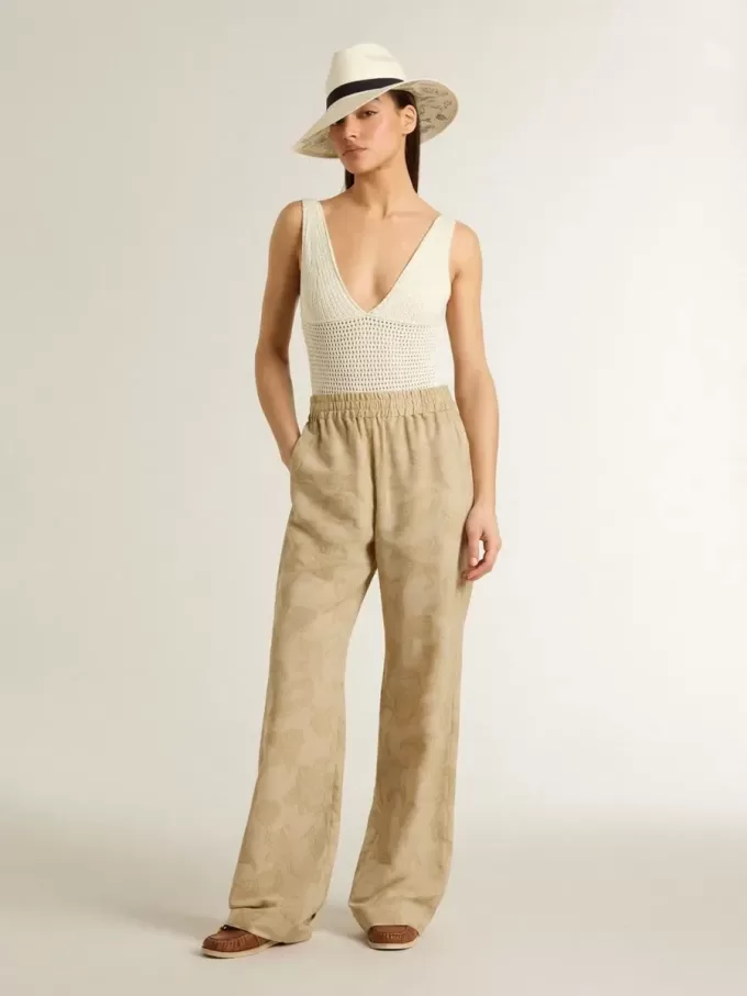 Pantaloni de pijama pentru femei din jacquard bej cu model floral