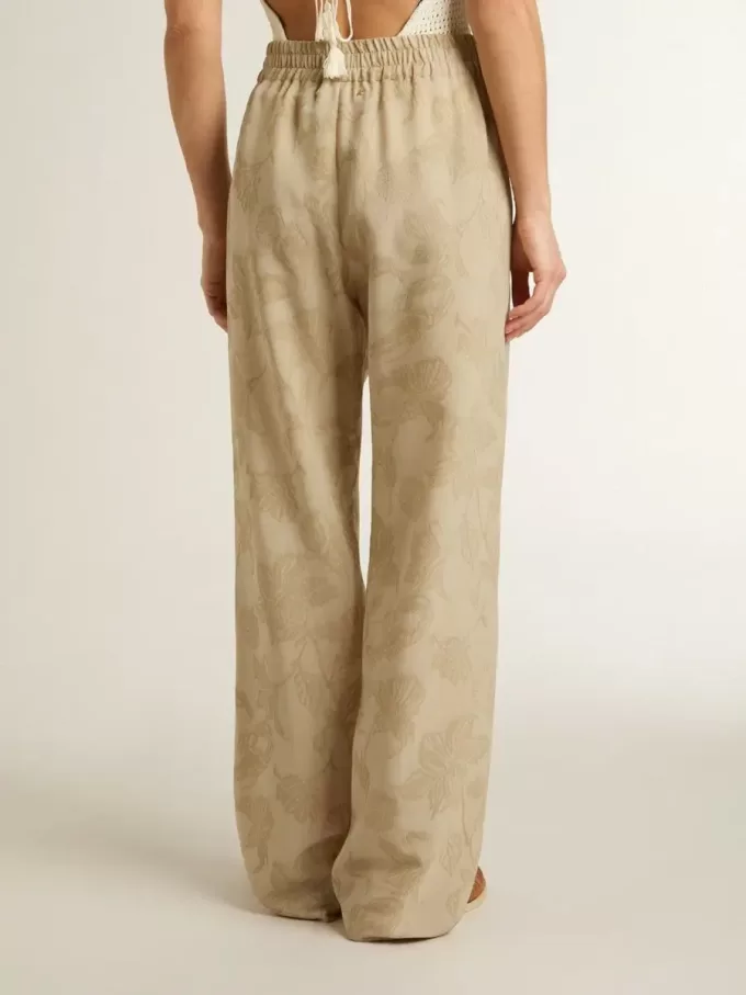 Pantaloni de pijama pentru femei din jacquard bej cu model floral