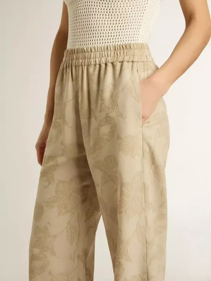 Pantaloni de pijama pentru femei din jacquard bej cu model floral