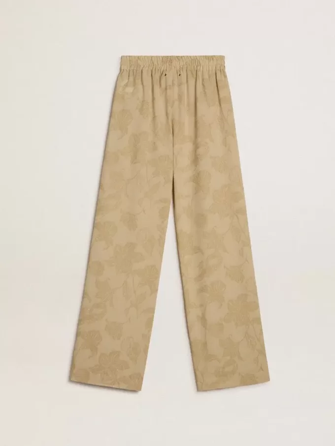 Pantaloni de pijama pentru femei din jacquard bej cu model floral