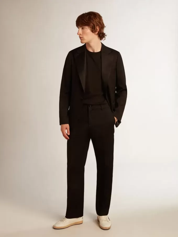 Pantaloni de smoking pentru bărbați din gabardină de lână neagră Pantaloni de smoking pentru bărbați din gabardină de lână neagră