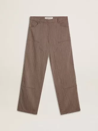 Pantaloni din amestec de lână pentru femei, în culoare maro deschis, cu model micro chevron