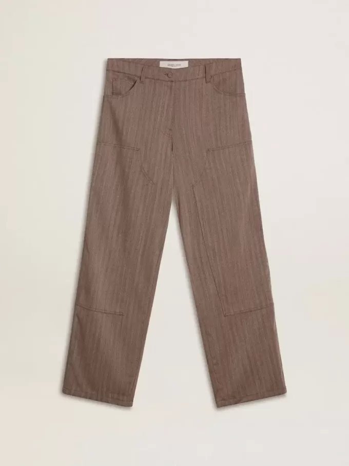Pantaloni din amestec de lână pentru femei, în culoare maro deschis, cu model micro chevron Pantaloni din amestec de lână pentru femei, în culoare maro deschis, cu model micro chevron