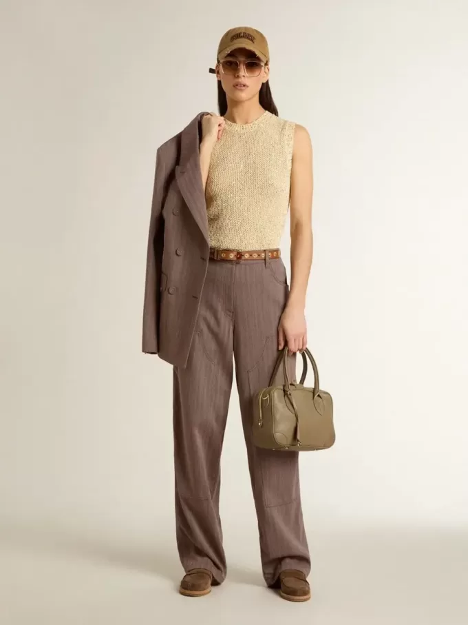 Pantaloni din amestec de lână pentru femei, în culoare maro deschis, cu model micro chevron Pantaloni din amestec de lână pentru femei, în culoare maro deschis, cu model micro chevron