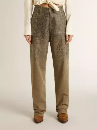 Pantaloni din bumbac kaki pentru femei, cu efect Swarovski degradat