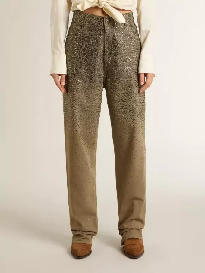 Pantaloni din bumbac kaki pentru femei, cu efect Swarovski degradat Pantaloni din bumbac kaki pentru femei, cu efect Swarovski degradat