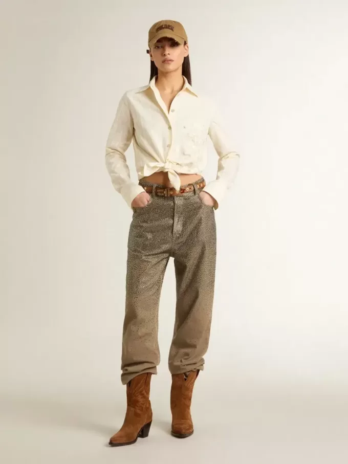 Pantaloni din bumbac kaki pentru femei, cu efect Swarovski degradat Pantaloni din bumbac kaki pentru femei, cu efect Swarovski degradat