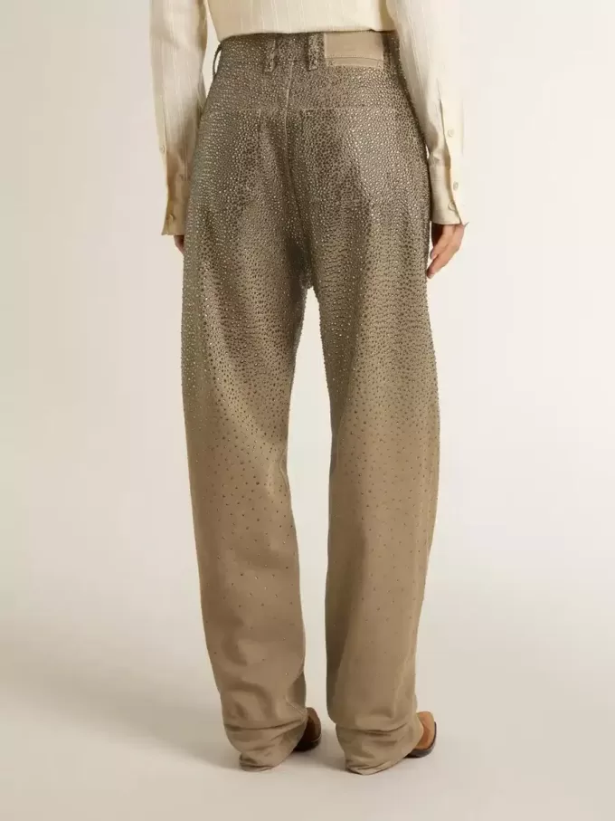 Pantaloni din bumbac kaki pentru femei, cu efect Swarovski degradat Pantaloni din bumbac kaki pentru femei, cu efect Swarovski degradat