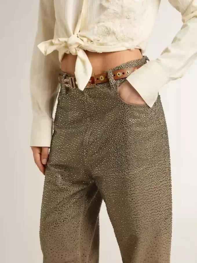 Pantaloni din bumbac kaki pentru femei, cu efect Swarovski degradat Pantaloni din bumbac kaki pentru femei, cu efect Swarovski degradat