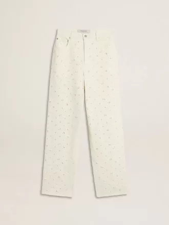 Pantaloni din denim alb pentru femei, cu mărgele și cristale