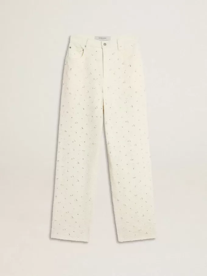 Pantaloni din denim alb pentru femei, cu mărgele și cristale Pantaloni din denim alb pentru femei, cu mărgele și cristale