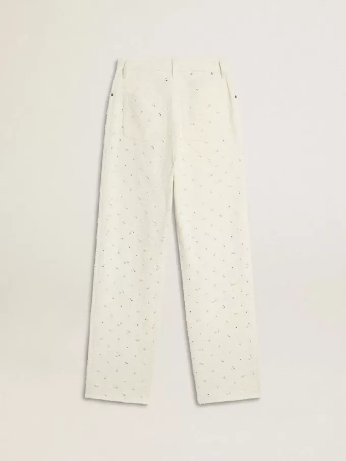 Pantaloni din denim alb pentru femei, cu mărgele și cristale Pantaloni din denim alb pentru femei, cu mărgele și cristale