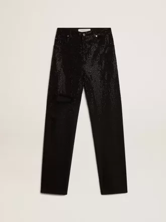 Pantaloni din denim de bumbac pentru femei, cu decorațiuni din cristale cu efect de umbră
