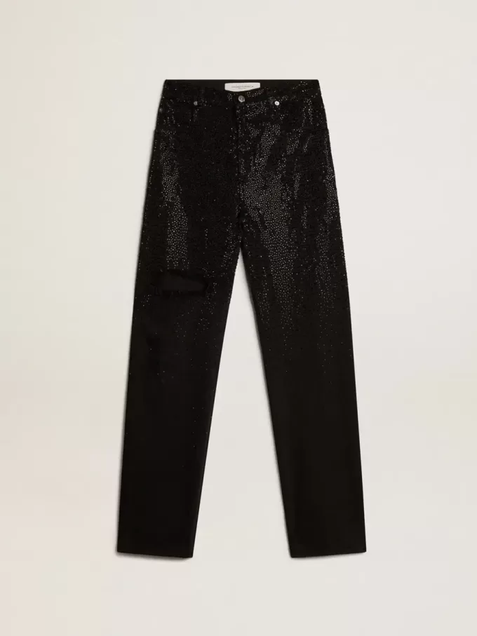 Pantaloni din denim de bumbac pentru femei, cu decorațiuni din cristale cu efect de umbră Pantaloni din denim de bumbac pentru femei, cu decorațiuni din cristale cu efect de umbră
