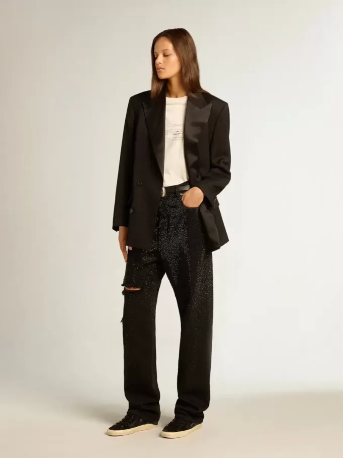 Pantaloni din denim de bumbac pentru femei, cu decorațiuni din cristale cu efect de umbră Pantaloni din denim de bumbac pentru femei, cu decorațiuni din cristale cu efect de umbră