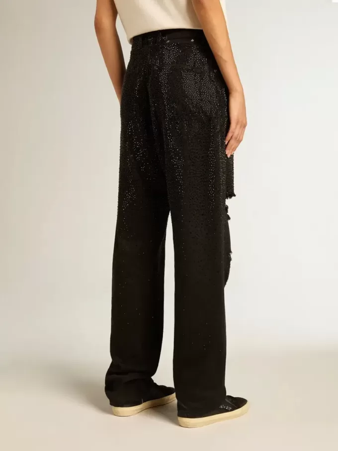 Pantaloni din denim de bumbac pentru femei, cu decorațiuni din cristale cu efect de umbră Pantaloni din denim de bumbac pentru femei, cu decorațiuni din cristale cu efect de umbră