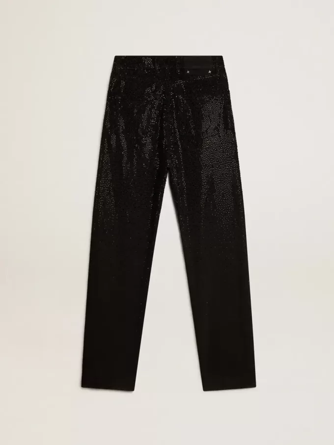 Pantaloni din denim de bumbac pentru femei, cu decorațiuni din cristale cu efect de umbră Pantaloni din denim de bumbac pentru femei, cu decorațiuni din cristale cu efect de umbră