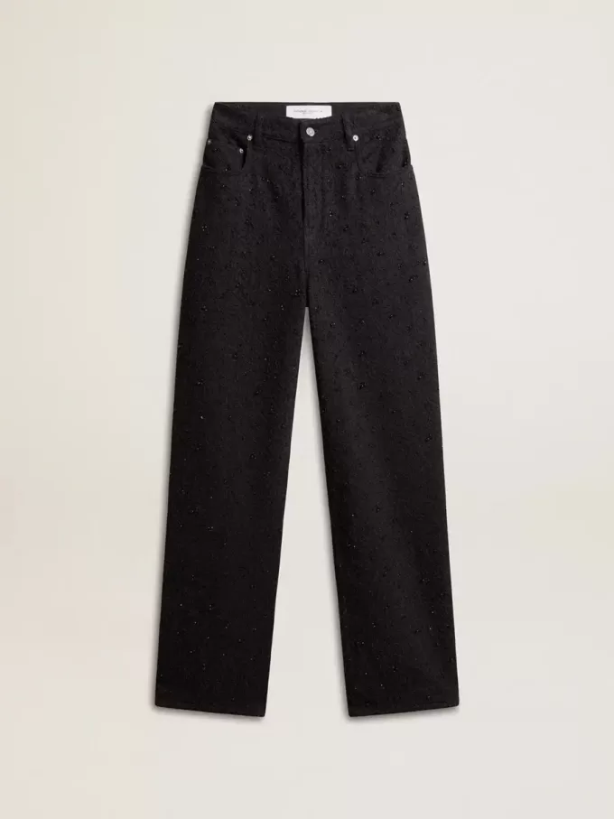 Pantaloni din denim de bumbac pentru femei, cu decorațiuni din cristale și pietre Pantaloni din denim de bumbac pentru femei, cu decorațiuni din cristale și pietre