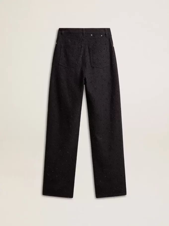Pantaloni din denim de bumbac pentru femei, cu decorațiuni din cristale și pietre Pantaloni din denim de bumbac pentru femei, cu decorațiuni din cristale și pietre