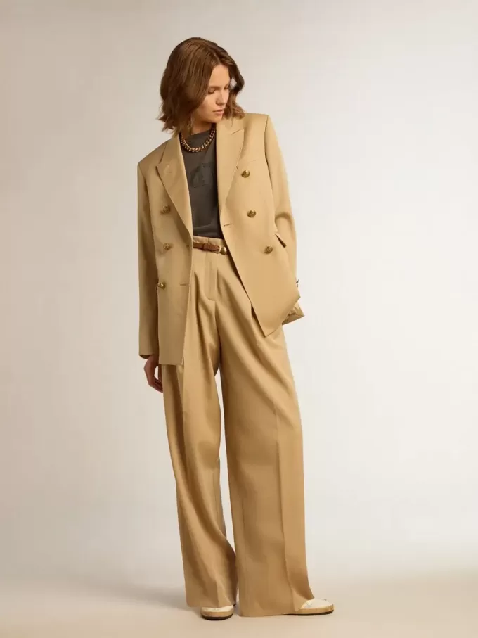 Pantaloni din gabardină de lână pentru femei, culoare nisip Pantaloni din gabardină de lână pentru femei, culoare nisip