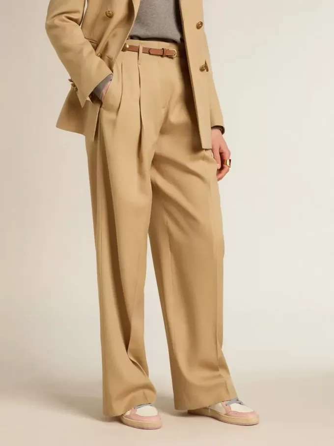 Pantaloni din gabardină de lână pentru femei, culoare nisip Pantaloni din gabardină de lână pentru femei, culoare nisip