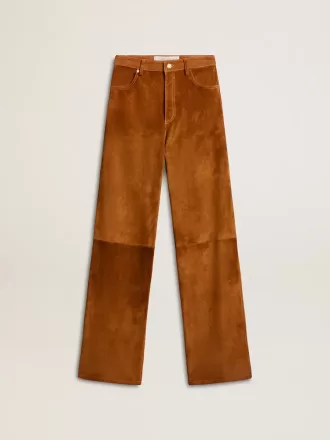 Pantaloni din piele despicată de culoare tabac pentru femei