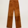 Pantaloni din piele despicată de culoare tabac pentru femei Pantaloni din piele despicată de culoare tabac pentru femei