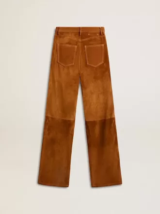 Pantaloni din piele despicată de culoare tabac pentru femei
