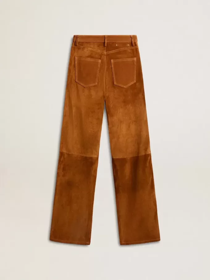 Pantaloni din piele despicată de culoare tabac pentru femei Pantaloni din piele despicată de culoare tabac pentru femei
