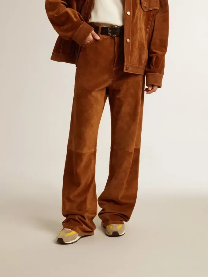 Pantaloni din piele despicată de culoare tabac pentru femei Pantaloni din piele despicată de culoare tabac pentru femei