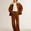 Pantaloni din piele despicată de culoare tabac pentru femei Pantaloni din piele despicată de culoare tabac pentru femei