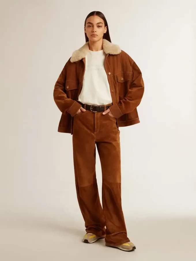 Pantaloni din piele despicată de culoare tabac pentru femei Pantaloni din piele despicată de culoare tabac pentru femei