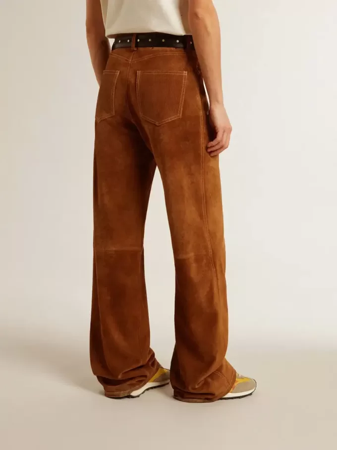 Pantaloni din piele despicată de culoare tabac pentru femei Pantaloni din piele despicată de culoare tabac pentru femei