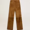 Pantaloni din piele despicată de culoare tabac pentru femei Pantaloni din piele despicată de culoare tabac pentru femei