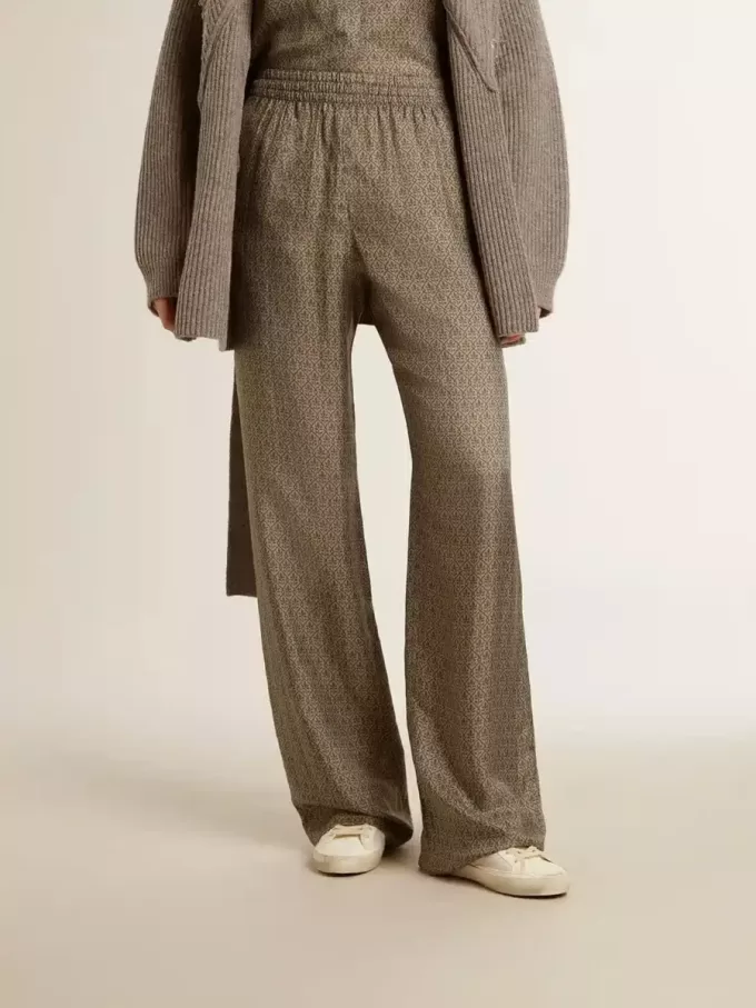 Pantaloni din viscoză și mătase verde pentru femei, cu model floral Pantaloni din viscoză și mătase verde pentru femei, cu model floral