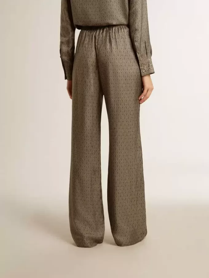 Pantaloni din viscoză și mătase verde pentru femei, cu model floral Pantaloni din viscoză și mătase verde pentru femei, cu model floral