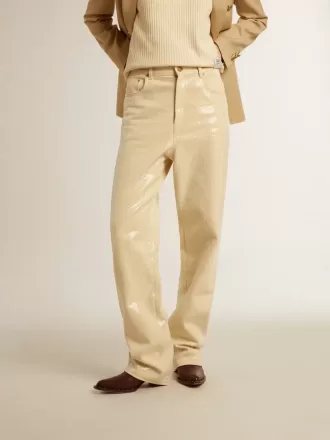 Pantaloni ecru cu paiete transparente pe toată suprafața Pantaloni ecru cu paiete transparente pe toată suprafața