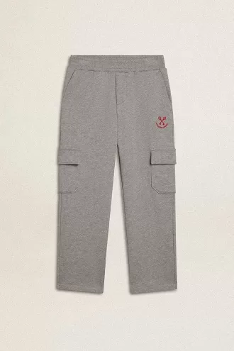 Pantaloni jogging cargo din bumbac gri melanj cu broderie