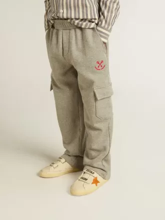 Pantaloni jogging cargo din bumbac gri melanj cu broderie