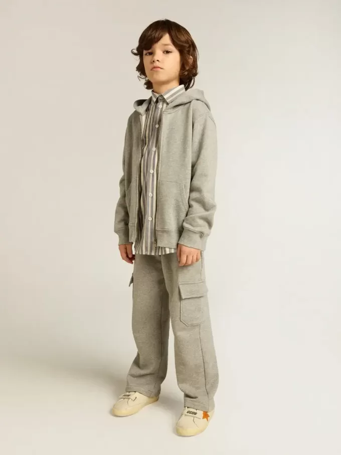 Pantaloni jogging cargo din bumbac gri melanj cu broderie Pantaloni jogging cargo din bumbac gri melanj cu broderie