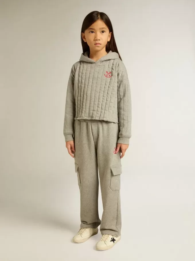 Pantaloni jogging cargo din bumbac gri melanj cu broderie Pantaloni jogging cargo din bumbac gri melanj cu broderie