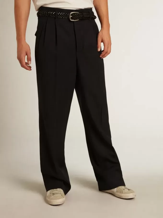Pantaloni largi pentru bărbați din lână albastră închisă