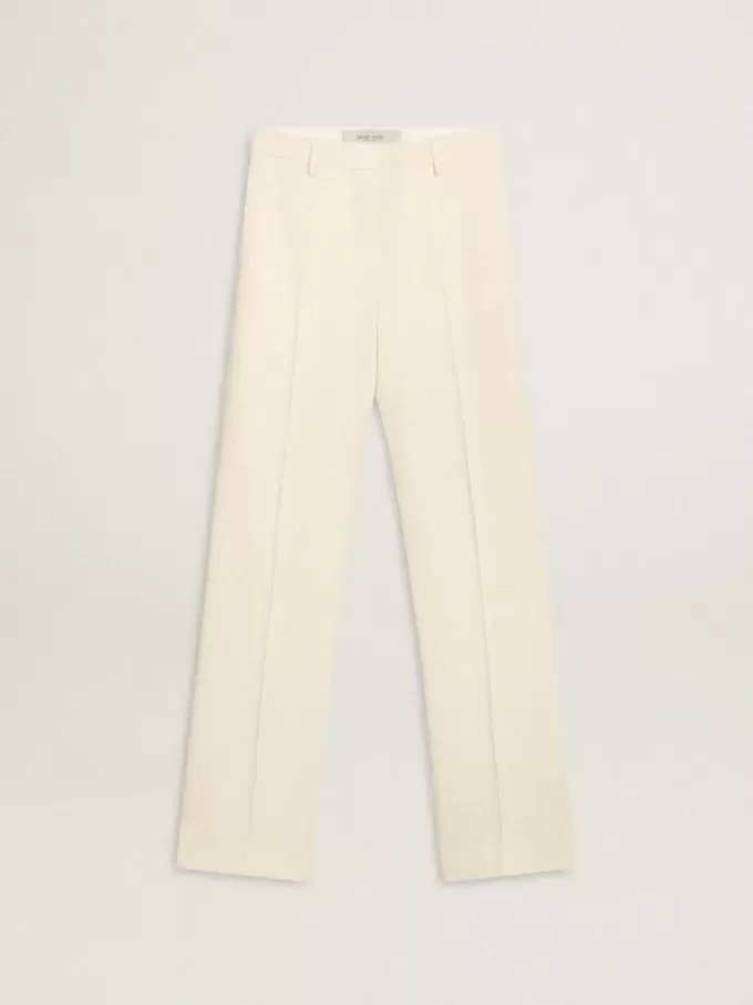 Pantaloni largi pentru femei din țesătură albă uzată Pantaloni largi pentru femei din țesătură albă uzată