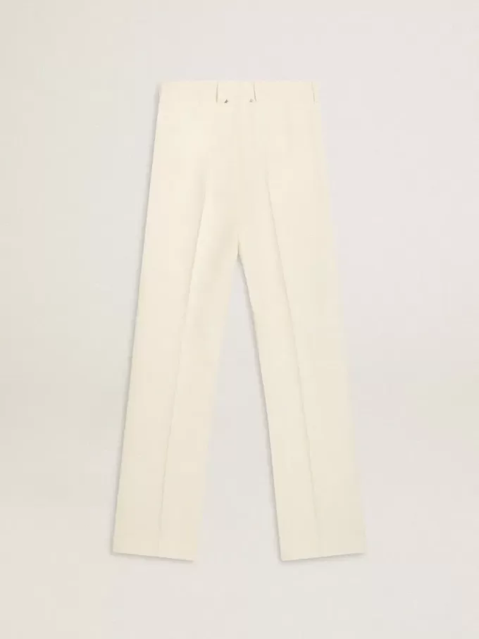 Pantaloni largi pentru femei din țesătură albă uzată Pantaloni largi pentru femei din țesătură albă uzată