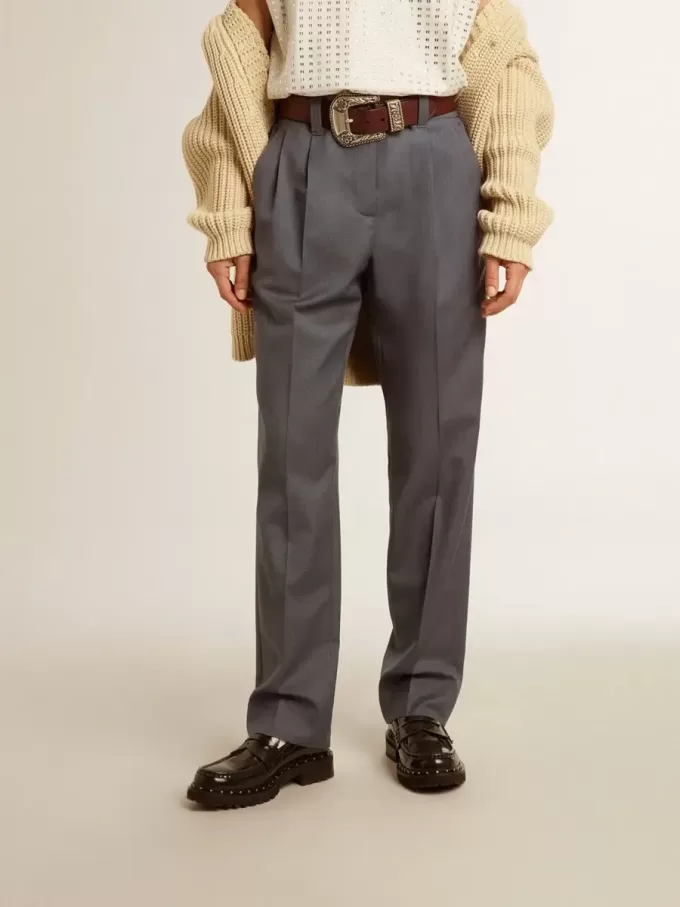 Pantaloni largi pentru femei din lână albastru deschis Pantaloni largi pentru femei din lână albastru deschis