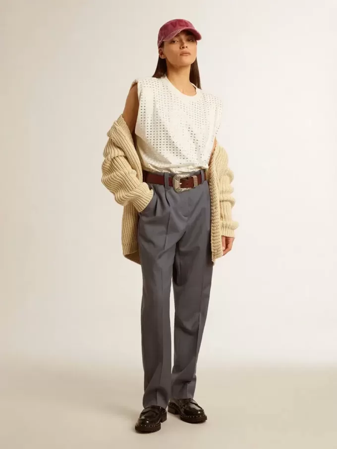 Pantaloni largi pentru femei din lână albastru deschis Pantaloni largi pentru femei din lână albastru deschis