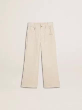 Pantaloni largi pentru fete, de culoare crem, cu broderie