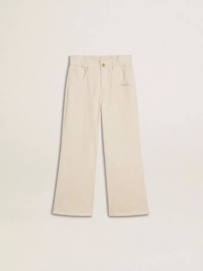 Pantaloni largi pentru fete, de culoare crem, cu broderie Pantaloni largi pentru fete, de culoare crem, cu broderie
