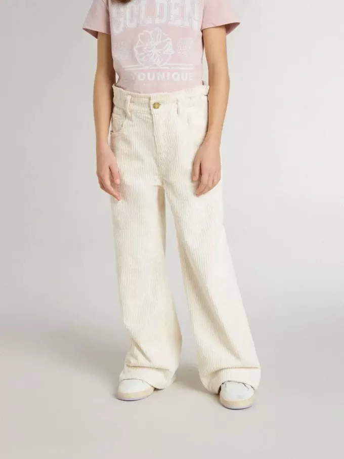Pantaloni largi pentru fete, de culoare crem, cu broderie Pantaloni largi pentru fete, de culoare crem, cu broderie