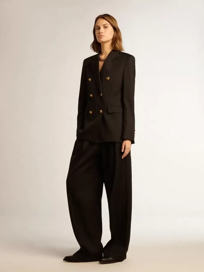 Pantaloni negri din gabardină de lână pentru femei Pantaloni negri din gabardină de lână pentru femei